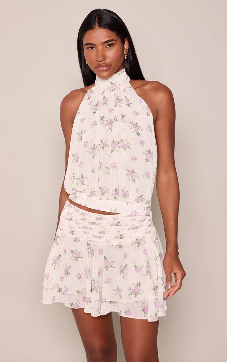 Crème Ensemble Jupe Mini Plissée À Volants En Mousseline Imprimé Floral