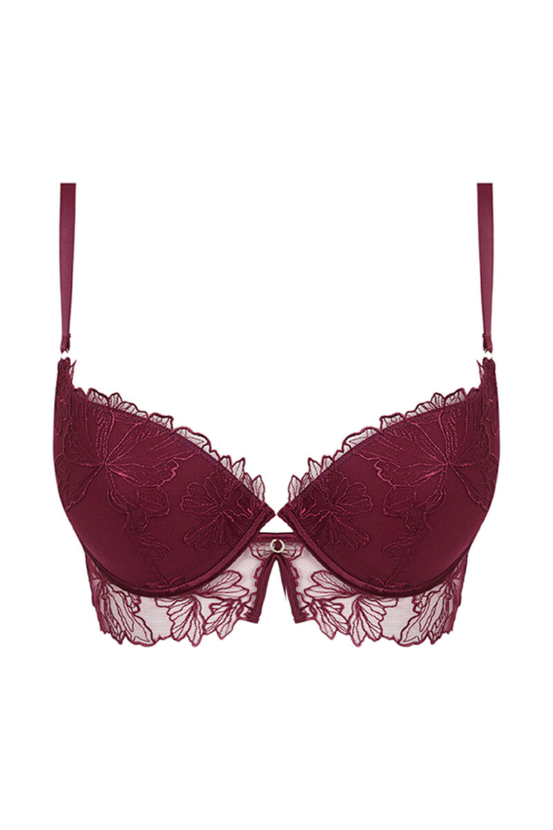 Lindo sutiã push-up com tule bordado na cor bordô - Bordô