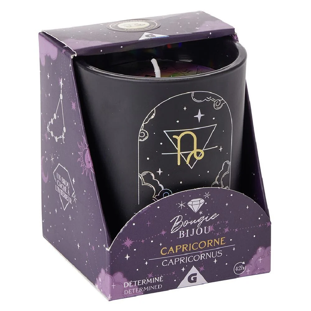 Bougie bijou doré signe astro Capricorne senteur patchouli 36H