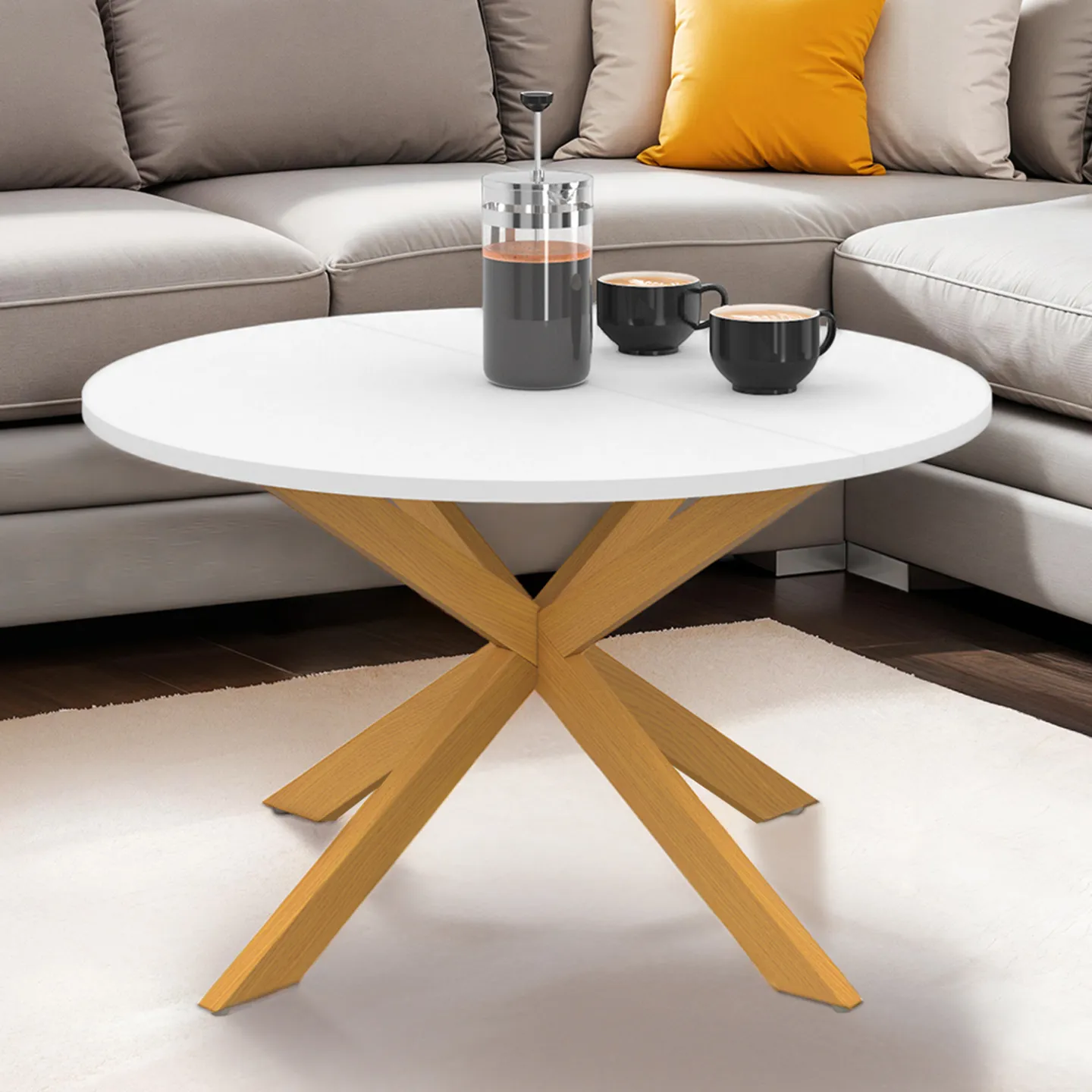 Table basse GISELE ronde 70 cm pied araignée plateau blanc et pied effet bois