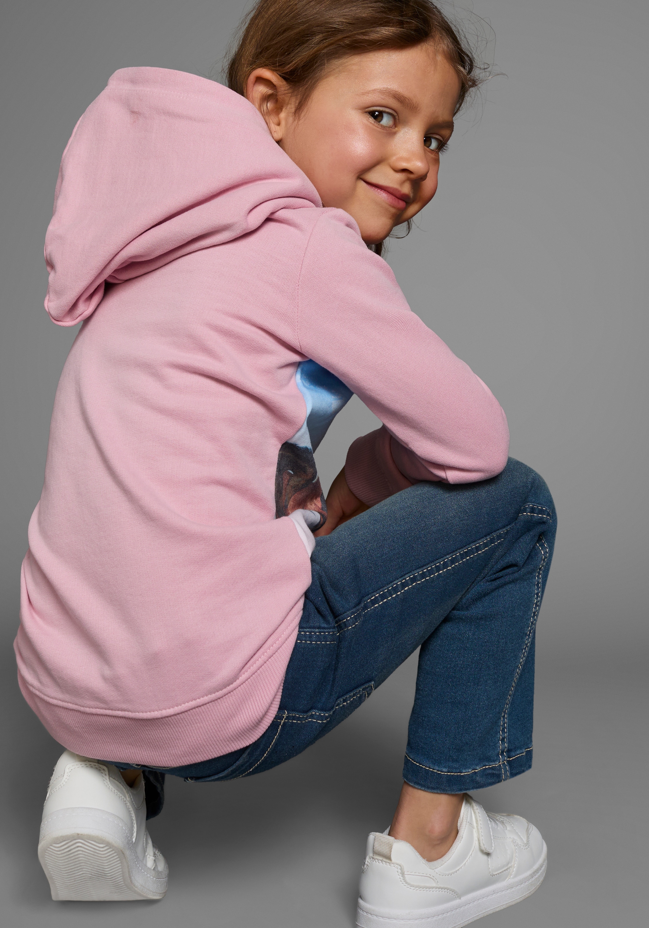 KIDSWORLD Longsweatshirt »für kleine Mädchen«, Langarm,  bedruckt,  mit Kapuze,  aus angerauter Sweatware