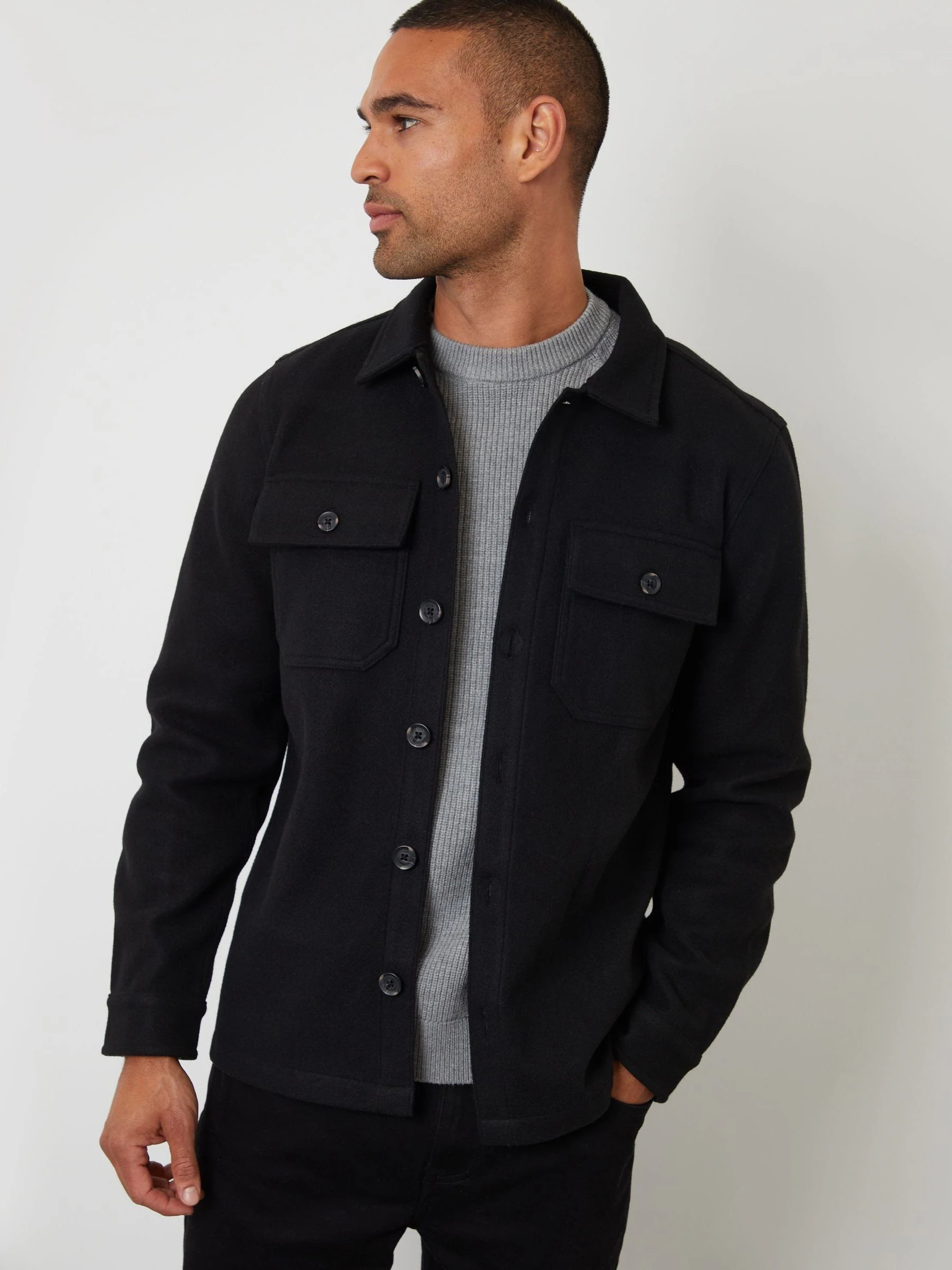 Zwart - Threadbare imitatiebont wollen knoopsluiting overshirt
