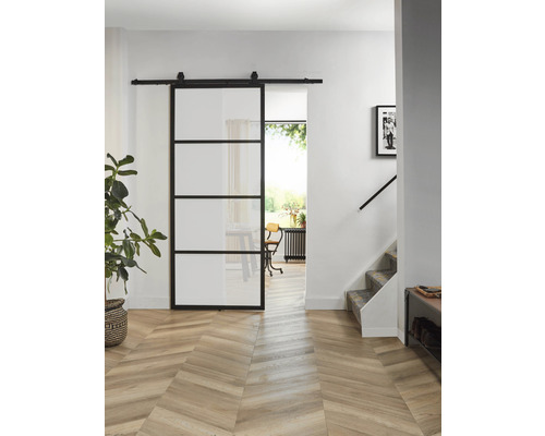 Intersteel Cubo Basic -Top schuifdeurset compleet, zwart met gehard veiligheidsglas (ESG) met satijnglans, 98x215 cm, inclusief deurblad, Basic Top schuifdeurbeslag en krukgarnituur.