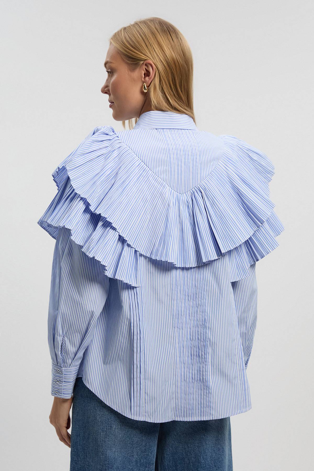 KarenMillen Chemise Tissée à Col avec Détails de Volants à Rayures en Popeline de Coton Manches Longues