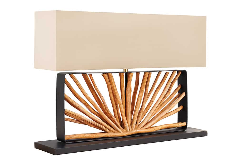 Handgefertigte Tischlampe EUPHORIA 80cm natur Longanholz beige mit Leinenschirm