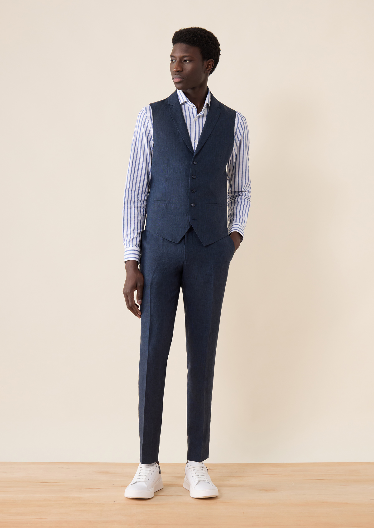 Pantalon coordonnable Slim en lin bleu marine Prince de Galles