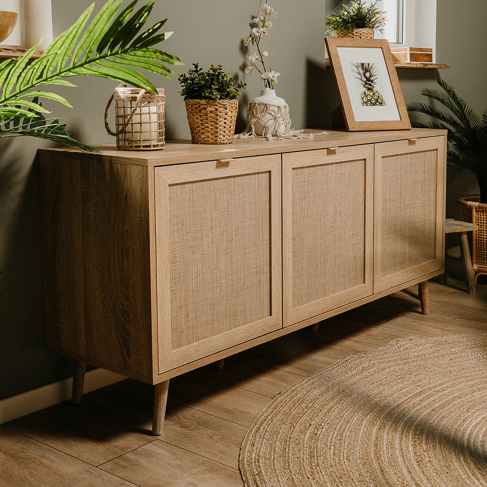 Sideboard BALI - Sonoma Eiche-Rafia geflecht - 150 cm breit