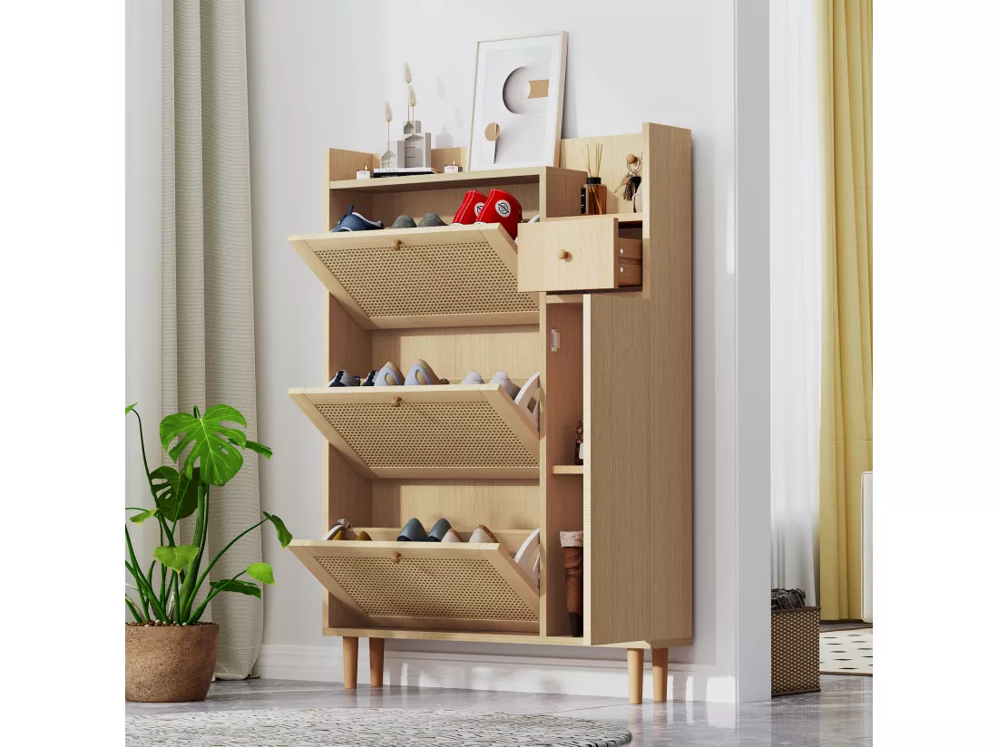 Meuble à chaussures 3 portes abattants et 1 tiroir dim. 90L x 17L x 125H cm aspect bois effet cannage rotin coloris chêne