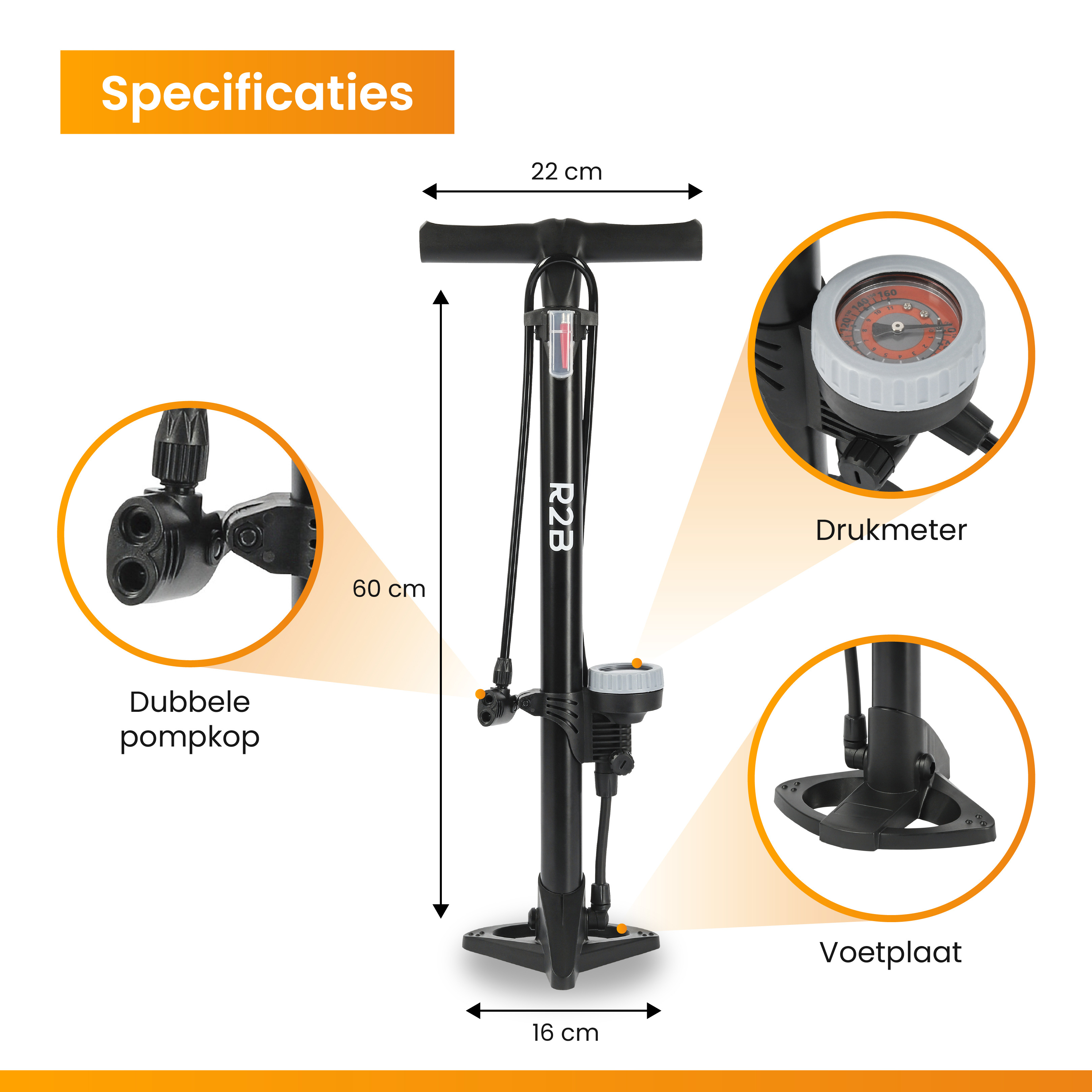 R2B fietspomp met drukmeter - dubbele ventielkop