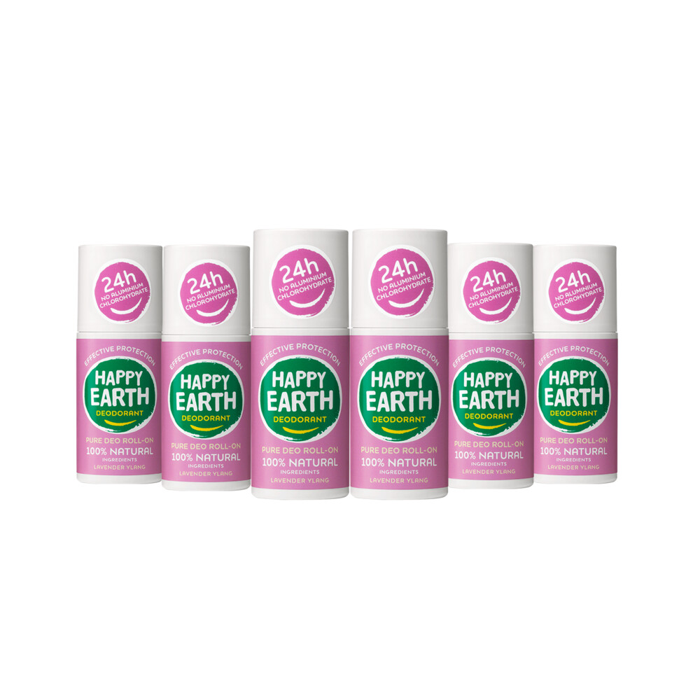 6x Happy Earth 100% Natuurlijke Deodorant Roller Lavender Ylang75 ml
