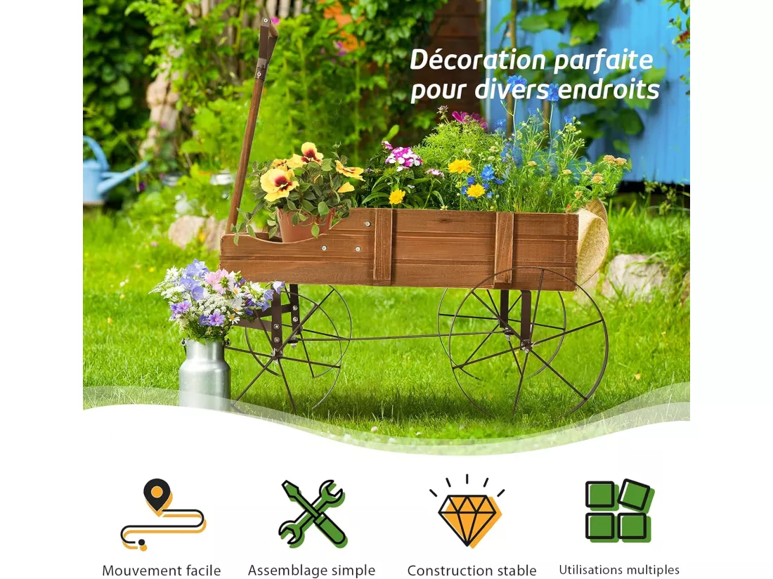 Brouette Décorative en Bois avec 2 Compartiments à Planter Roues Métalliques Poignée Charge 15kg pour Cour Marron