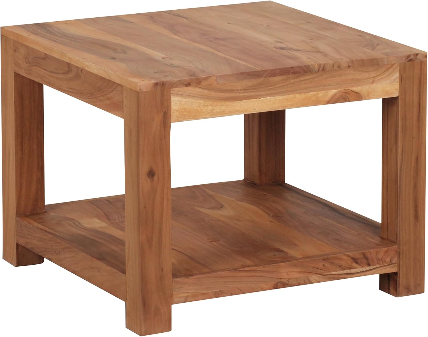 FineBuy Couchtisch Massivholz 60x60 cm · Quadratischer Wohnzimmertisch mit Ablage · Handgefertigter Echtholztisch im natürlichen Design · Stabil & nachhaltig gefertigt Braun