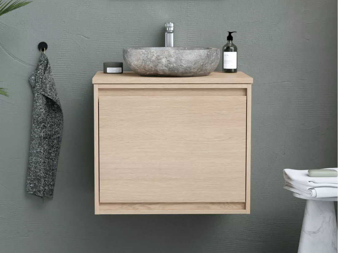 Meuble de salle de bain suspendu avec vasque à poser en pierre - Placage chêne - 60 cm - MESLIVA