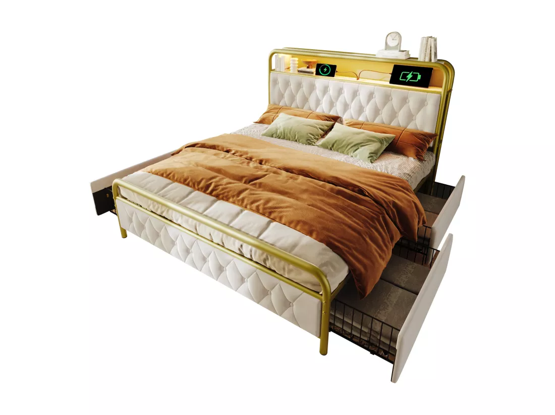 Lit 160x200cm avec tiroirs + LED + Ports de recharge - rembourré en velours - avec sommier en métal - Beige
