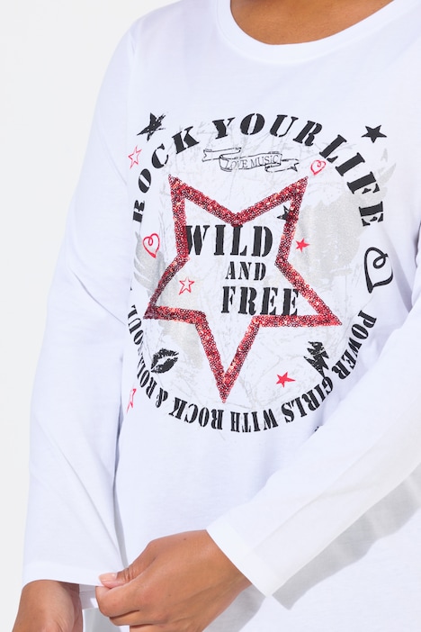 T-Shirt, länger geschnitten, Druck mit Ziersteinchen