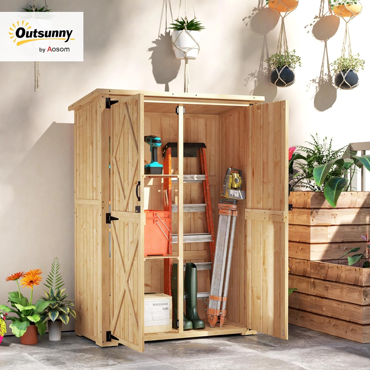 Outsunny Gartenschrank Holz, Geräteschuppen mit Abschließbar Doppeltür Asphalt-Dach Ablage 116,5x57x167cm, wetterfest Geräteschrank, Gerätehaus Gartenschuppen für Garten, Terrasse, Naturholz
