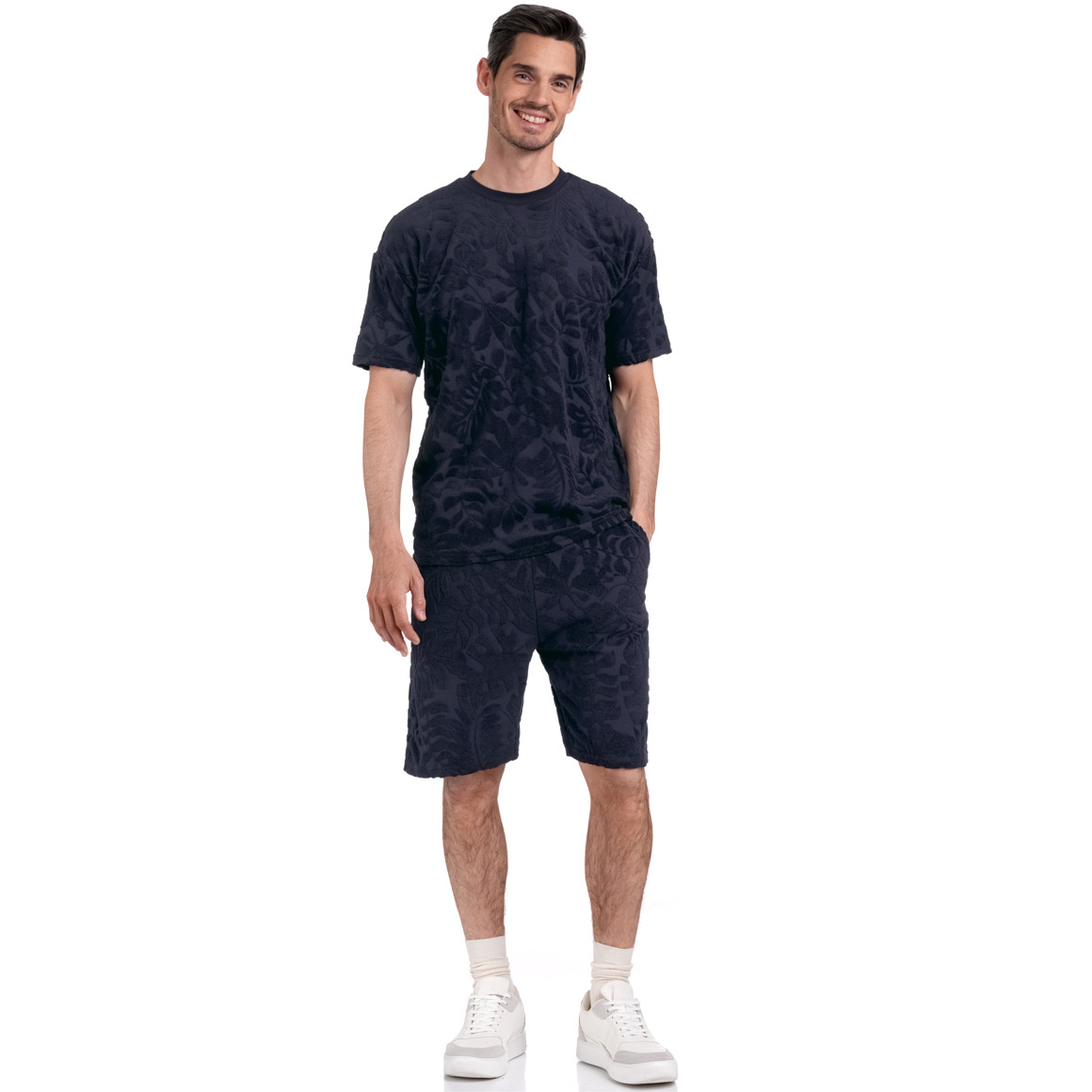 Jonas Nielsen Herren T-Shirt mit Frottee-Muster dunkelblau