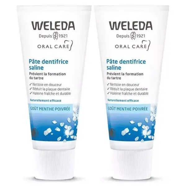 Pasta de dentes salina Weleda Oral Care, embalagem com 2 unidades de 75ml.