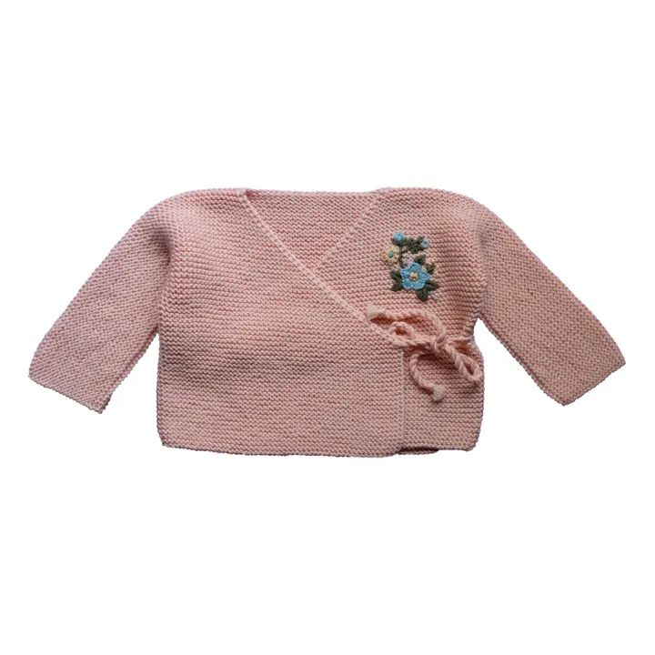 RKO Cardigan Cache-Cœur Mérinos Brodé Main | Rose pêche