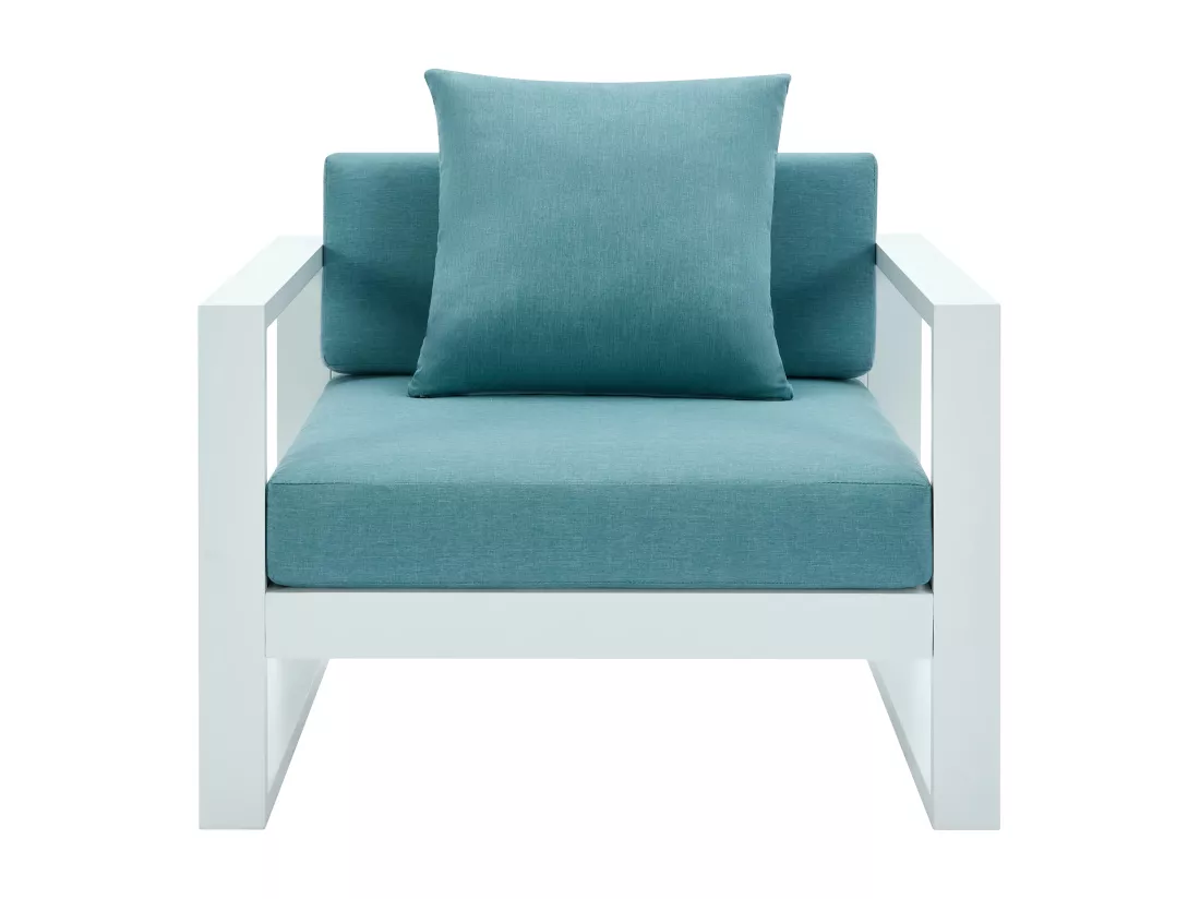 Salon de jardin en aluminium: un canapé 3 places, 2 fauteuils, une table basse - Blanc avec coussins bleus - MOLOKAI de MYLIA