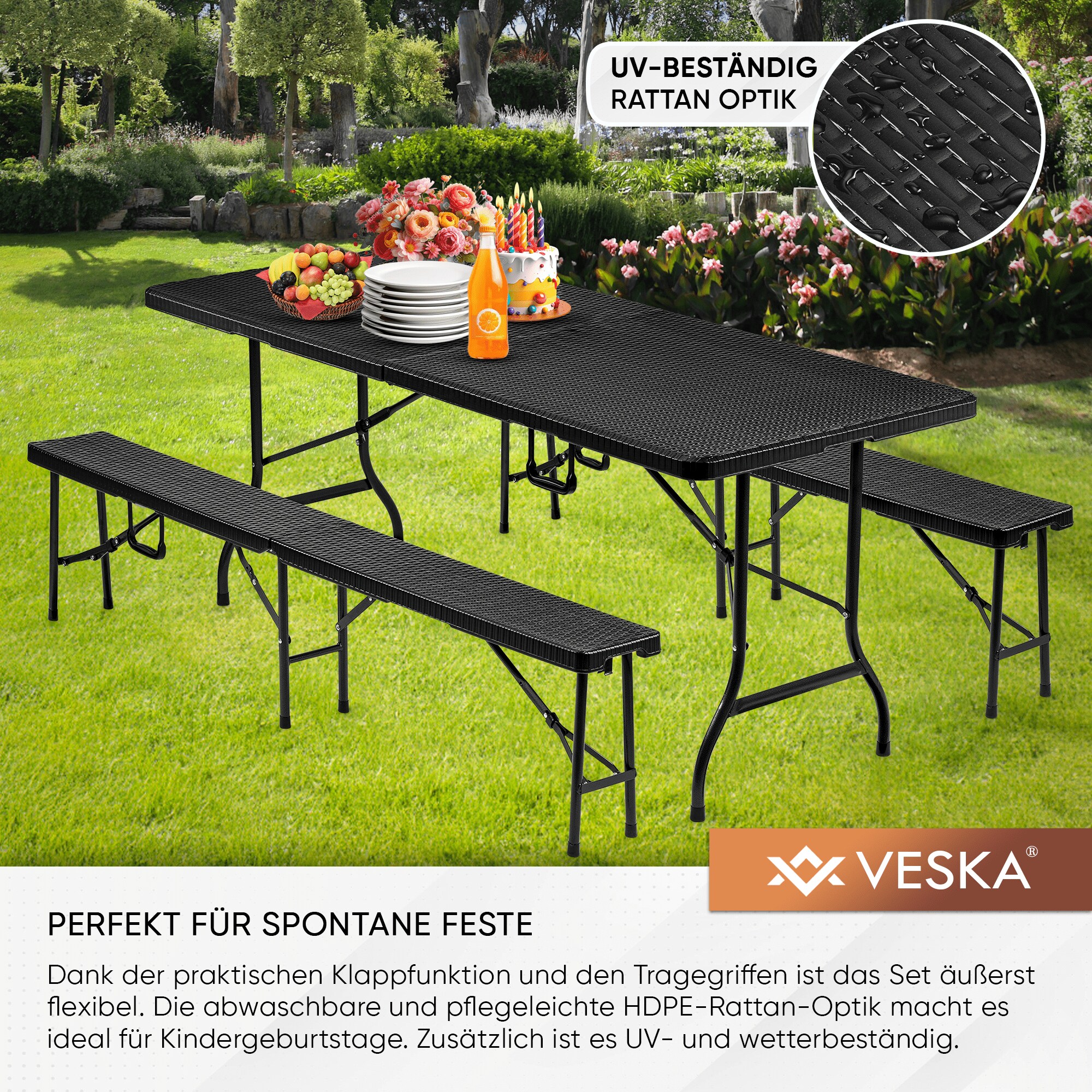 VESKA Bierzeltgarnitur 3-teilig - Rattan-Optik - anthrazit