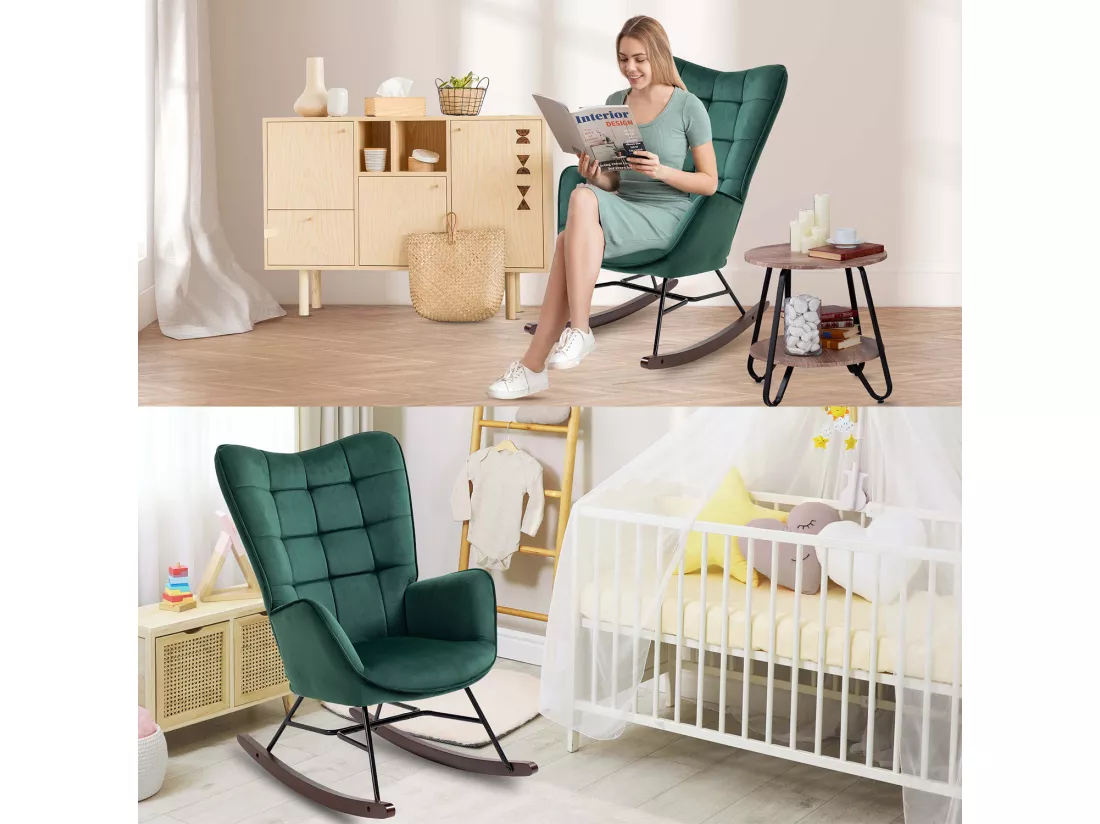 MEUBLES COSY FUNKEL Fabric Grey Rock Fauteuil à Bascule Allaitement Rétro Chaise Loisir et Repos en Velours avec Pieds en E' Bois Métal pour Salon, Chambre, Massif, Vert, 66x84x97cm