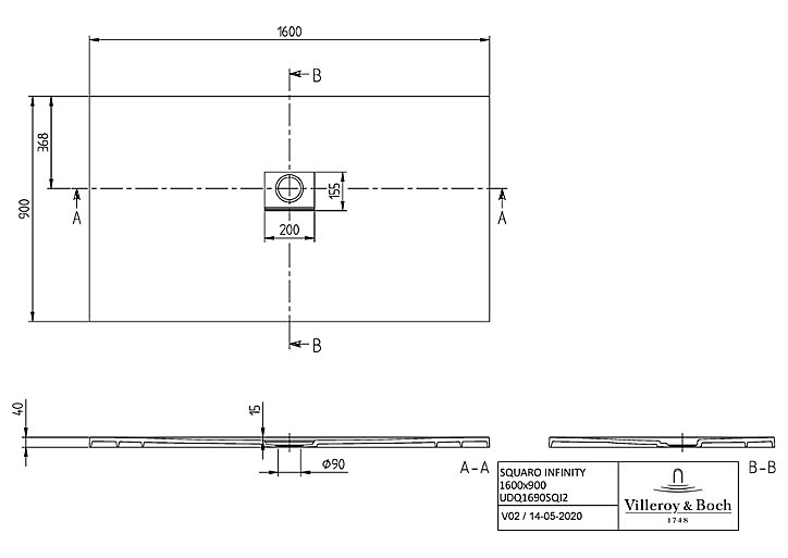 Receveur de douche à poser 90 x 160 cm, gris, Villeroy & Boch Squaro Infinity