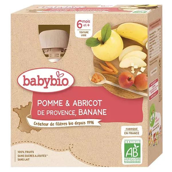 Babybio Fruits Gourde Pomme Abricot Banane +6m Bio 4 x 90g