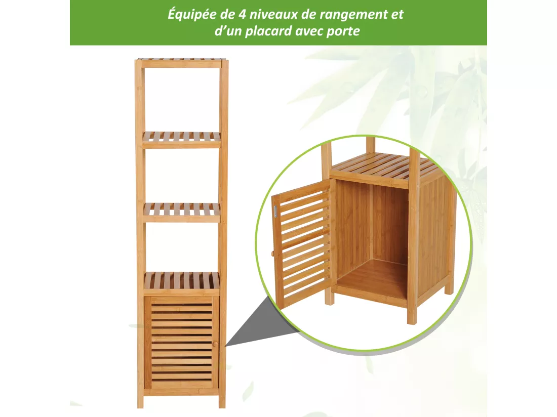 Meuble colonne rangement salle de bain bambou design naturel 36L x 33l x 140H cm 2 étagères 4 niveaux + placard