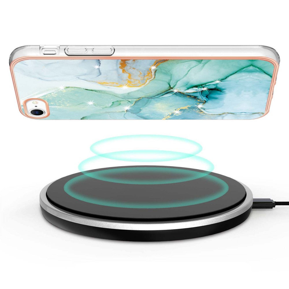 iPhone SE (2022/2020) / 8 / 7 / 6S Gummi Case Hülle Galvanisierter Rahmen Marble Marmor Design - Türkis / Roségold