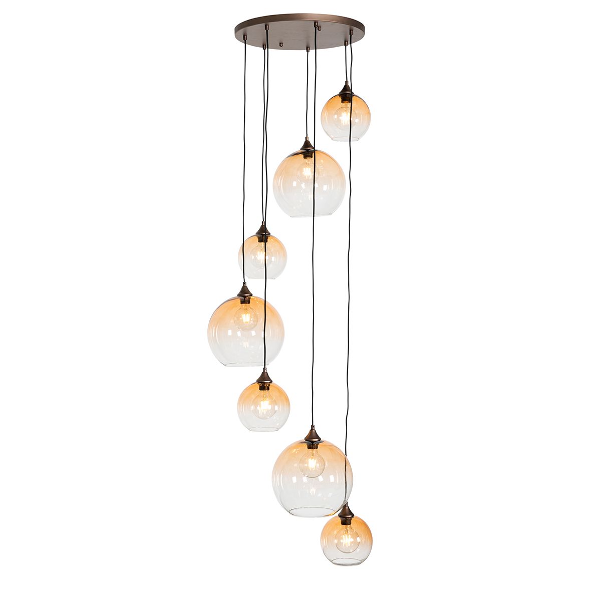 Art Deco hanglamp donkerbrons met amber glas 7-lichts - Sandra