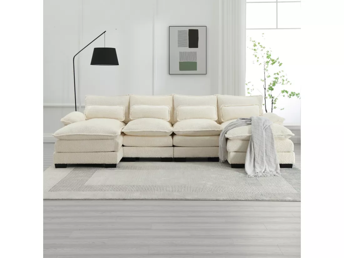 Grand canapé 4 places panoramique, forme de U, avec 4 oreillers lombaires, 261x134x82cm, Beige