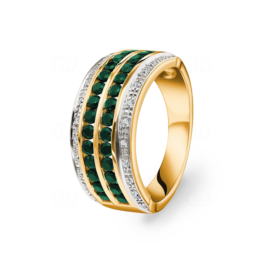 Damenring 750/18 K Gelbgold mit Diamanten 0.08 ct H/Si und Smaragden