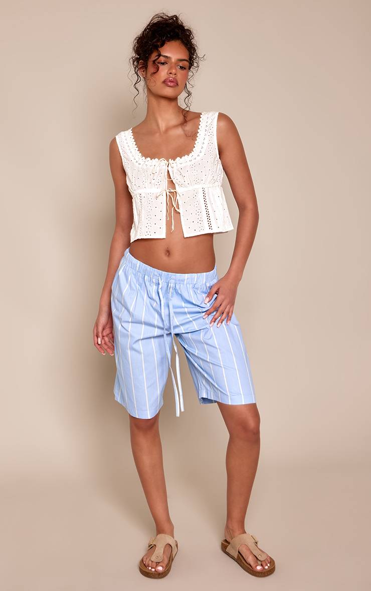 Bleu Short En Coton Rayé À Cordon De Serrage