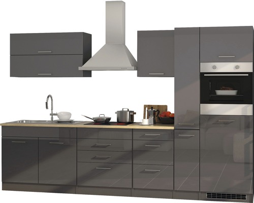 Held Furniture keukenblok met apparatuur Milan 320 cm grijs hoogglans gedemonteerd omkeerbaar model 616.1.6211