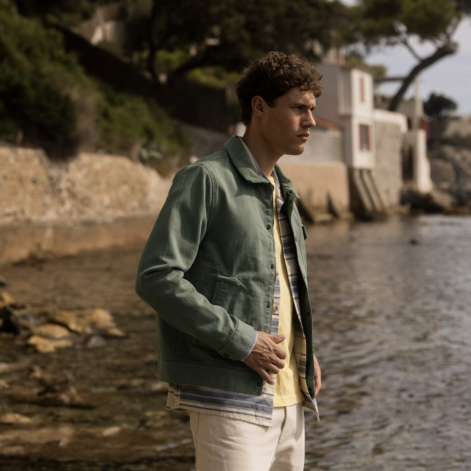 Blouson vert clair col en velours coton - modèle seillon