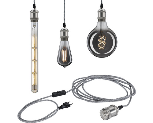 Hanglamp grijs/nikkel L 5 m plug-in vintage hanglamp met kabelschakelaar