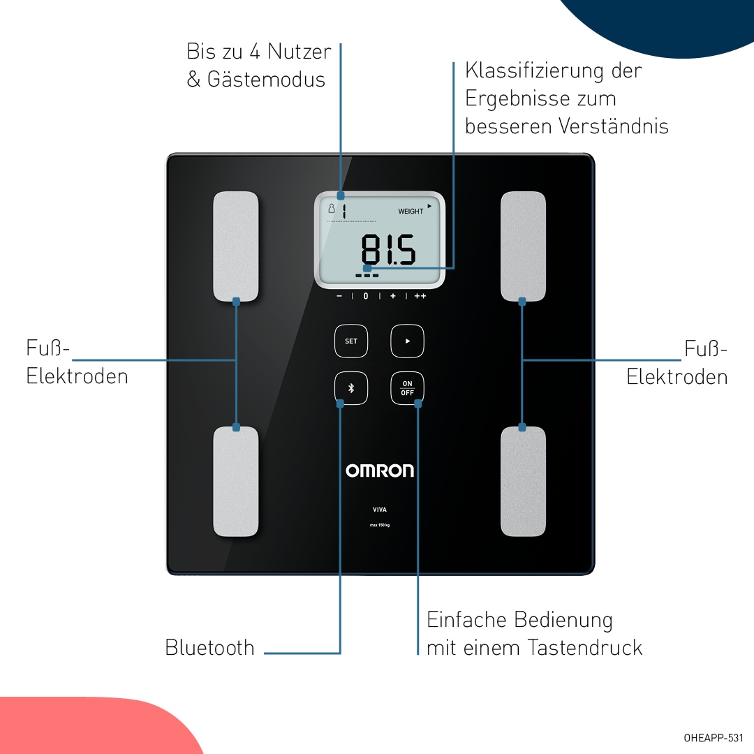 Omron Körper-Analyse-Waage »VIVA misst Gewicht, Muskelmasse, Körper- & Viszeralfett, BMI & RMR« präzise Messung bis 180 kg, 4 Nutzer & Gastmodus, mit App