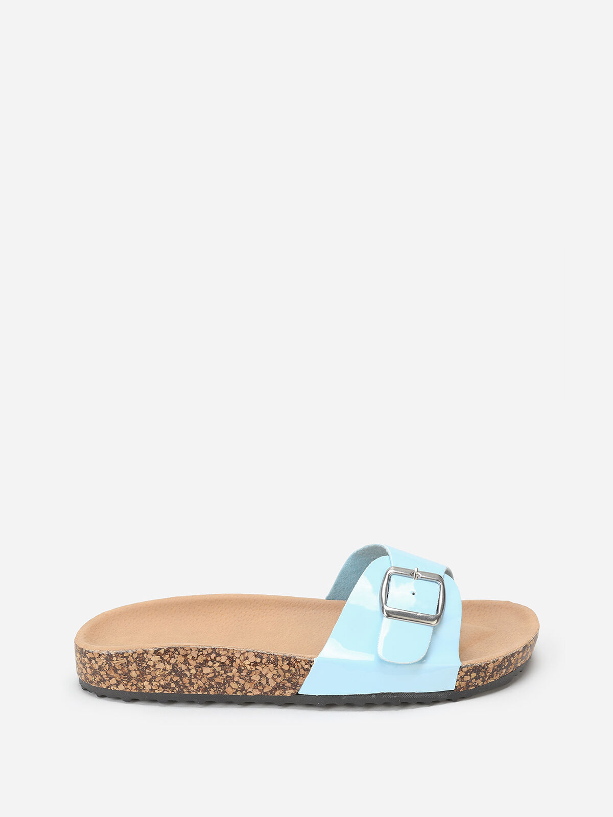 Mules ciel vernies à semelle effet liège- Bleu