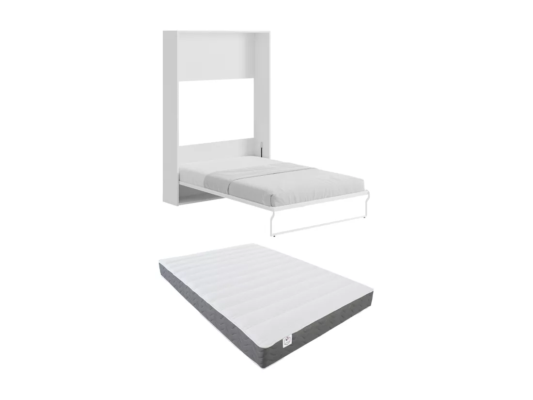 Lit escamotable 140 x 200 cm - Ouverture verticale manuelle - Blanc et gris + matelas - MALINA II