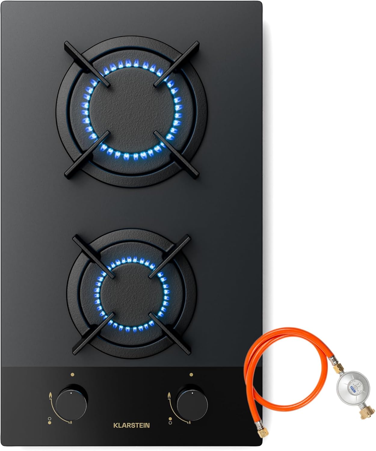 Klarstein Goldflame Nano Gaskochfeld, 2 Brenner, 30 cm, Messingbrenner und Gusseisenhalter, 4.200 W, Nanobeschichtetes Glas, Flammenschutz und Automatische Zündung, LPG/Erdgas-Umrüstsatz Inkl.