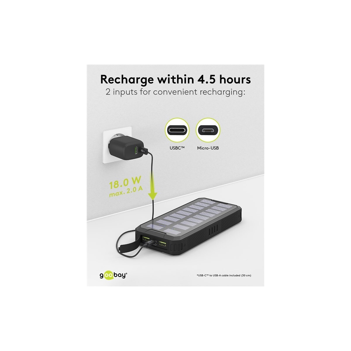 Goobay Utendørs hurtiglading Powerbank med solceller 20 000 mAh (USB-C™ PD, QC 3.0)