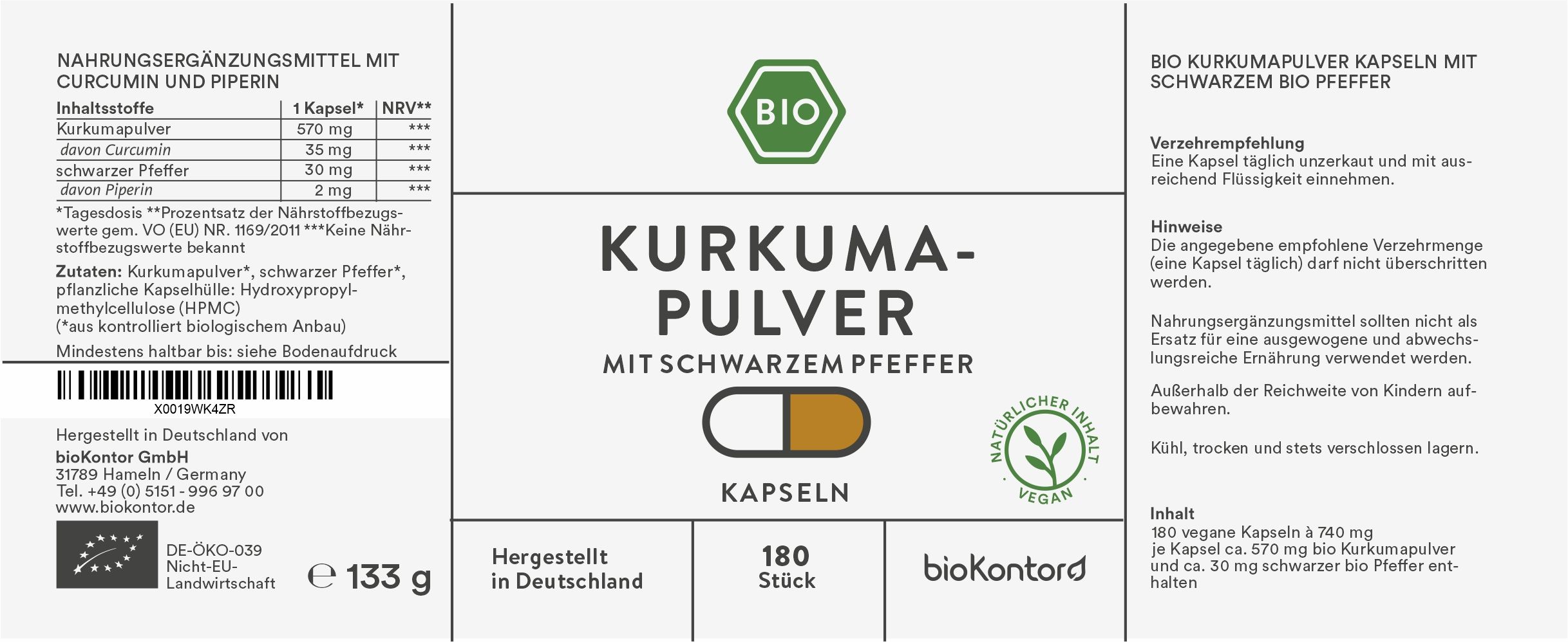 bioKontor Kurkumapulver Kapseln mit schwarzem Pfeffer