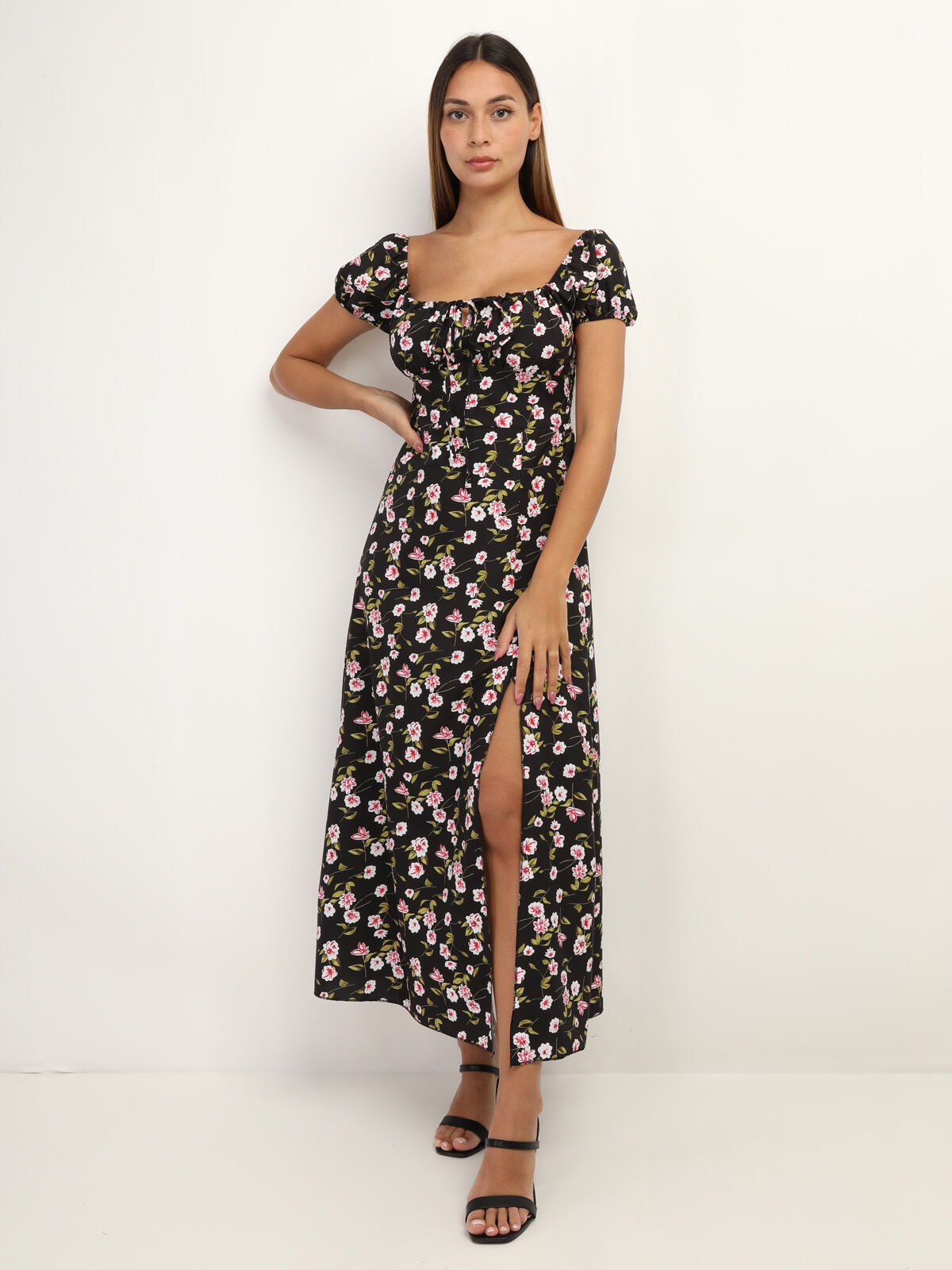 Robe corset à imprimé fleurs- Noir
