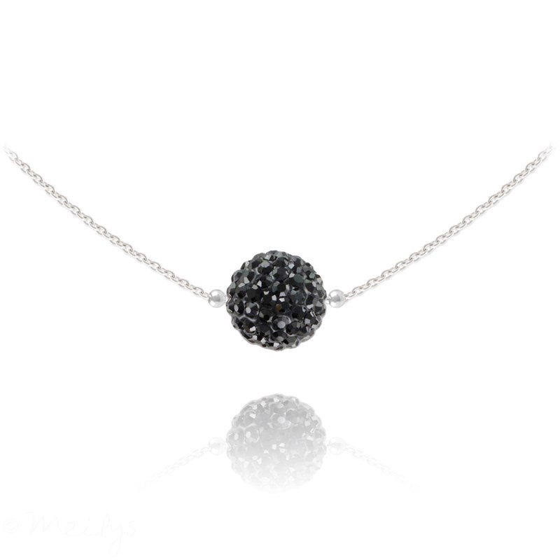 Collier ras du cou en argent 925 rhodié orné de cristaux Swarovski avec boule crystal noire