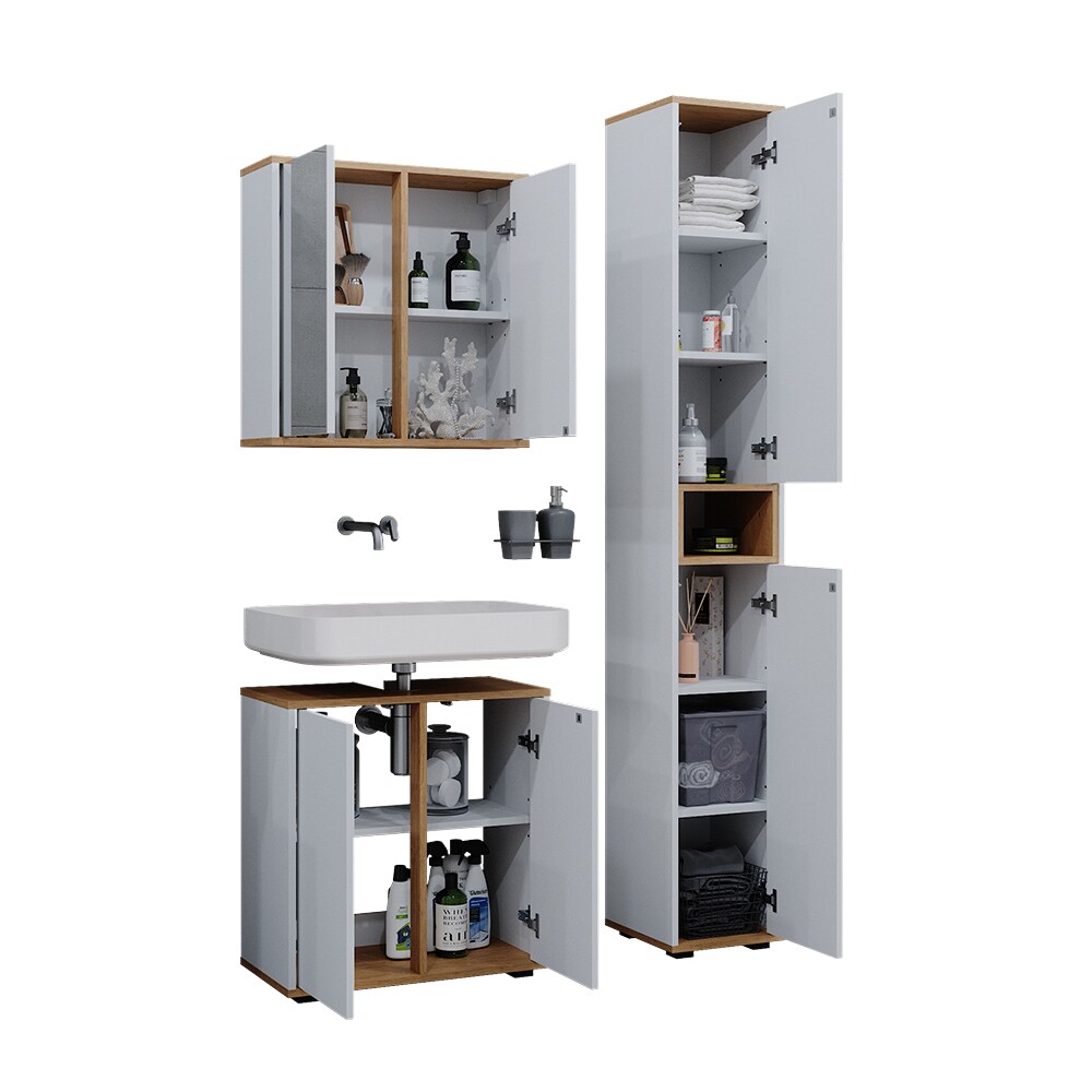 Vicco Badmöbel-Set Didi Weiß Eiche 3 Teile mit Hochschrank