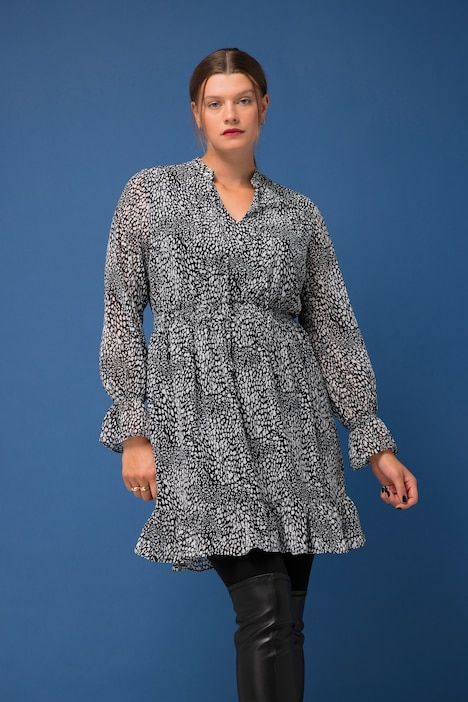 Leo-Kleid, A-Line, Minimal-Leo Chiffon, Tunika-Ausschnitt, Langarm