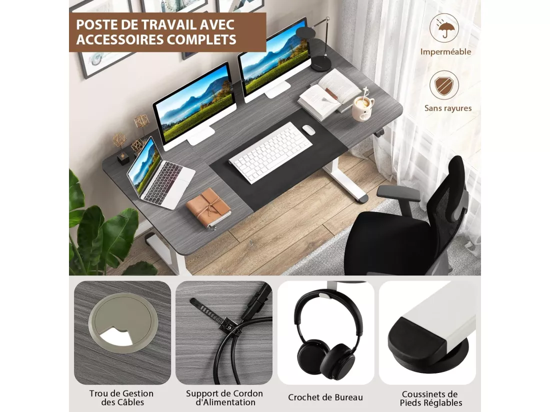 Bureau Assis Debout 70 x 140 cm, Bureau Électrique Réglable en Hauteur avec Mono-Moteur et Panneau à 2 Boutons, Table Réglable Hauteur, Support de Câble, Crochet (Gris Foncé)
