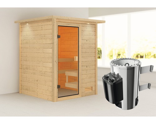 Karibu plug & play sauna inclusief 3,6 kW kachel en geïntegreerde bedieningseenheid met dakrand en gebronsde volledig glazen deur