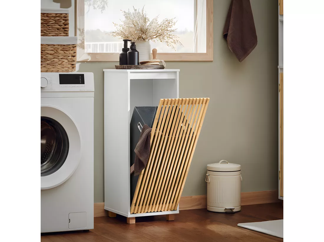 SoBuy Armoire à Linge, Meuble Bas de Salle de Bain, Meuble de Rangement avec 1 Panier à Linge Amovible, Corbeille à Linge, Porte en Bambou, 32x33x85 cm, BZR126-W
